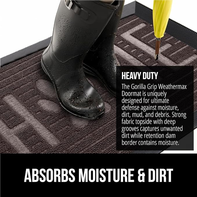 GORILLA GRIP 100% Waterproof All-Season WeatherMax Doormat, 47x35, US Designed Natural Rubber, Stain and Fade Resistant, Low Profile Indoor Outdoor Door Mats, Easy Clean Patio Mat, Espresso Home Paw