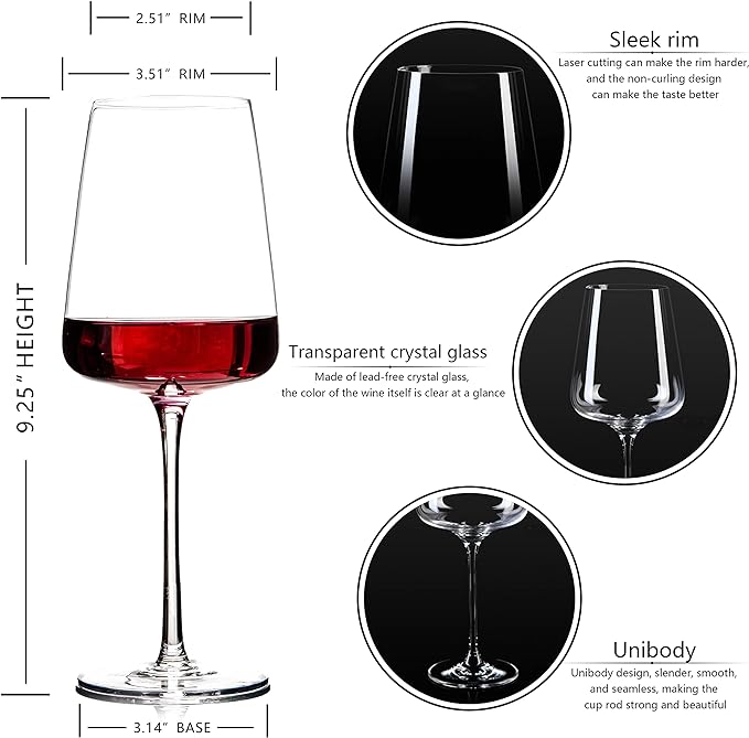 BACLIFE Hand Blown Red Wine Glasses Set of 4 – Premium Crystal Wine Glasses With Long Stem,19 oz – Unique Gift for Valentine's Day, Wedding, Birthday – Ideal for Restaurants,Home Bar