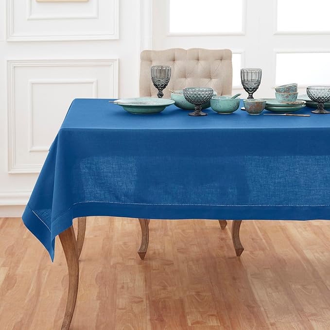 Solino Home Linen Tablecloth 60 x 120 Inch - Classic Hemstitch 100% Pure Linen Indigo Blue Table Cloth for Rectangle Tables - Machine Washable Tablecloth for Winter, Spring, Easter