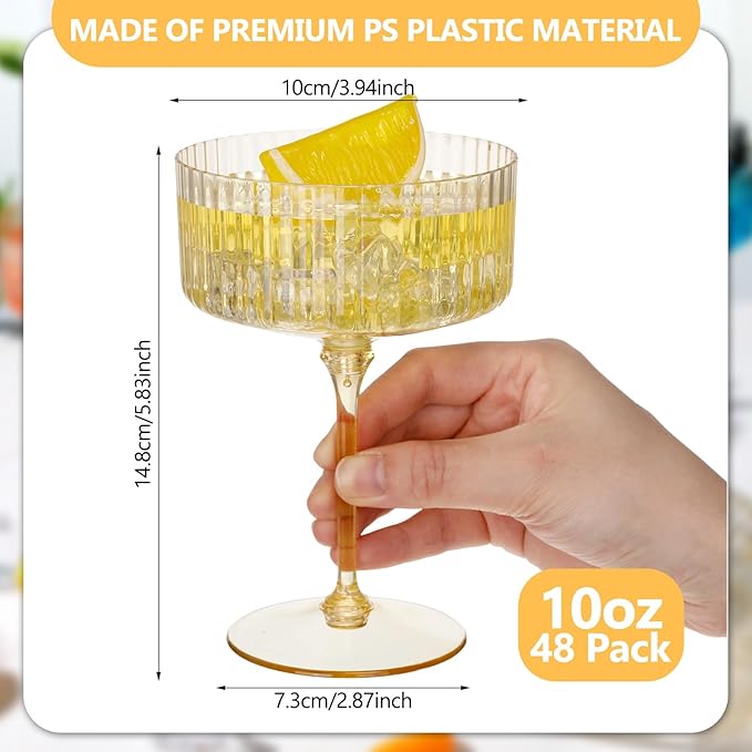 48 Pcs Ribbed Martini Glasses 10 oz Disposable Plastic Vintage Ribbed Coupe Glasses Unbreakable Dessert Parfait Glassware for Wedding Birthday Party Supplies (Gold)