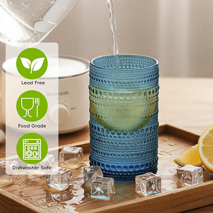 Moretoes Vintage Hobnail Drinking Glasses Set of 6,12 Oz Highball Glasses Clear Embossed Boho Water Glass Cups Kitchen Bar Tumbler Glassware Set for Whiskey, Beer, Juice, Milk (Blue)