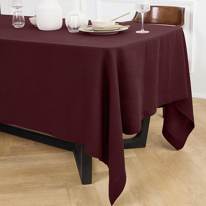 Solino Home Linen Burgundy Tablecloth 70 x 108 Inch - 100% Pure Linen Rectangular Tablecloth - Machine Washable Table Cloth for Valentines - Sonoma