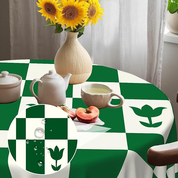 Laeacco 54 Inch Geometric Round Tablecloth Green White Plaid Square Flower Modern Abstract Art Print Table Cloth Washable Waterproof Wrinkle Free Table Cover for Kitchen Dining Picnic Party Decor