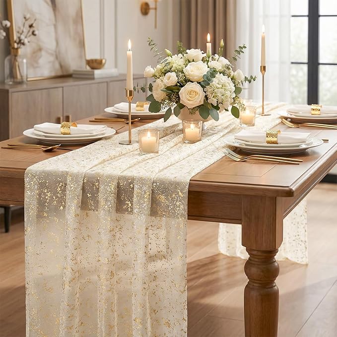 Artoid Mode Gold Gauze Champagne Table Runner 120 Inch 10FT, Glitter Metallic Foil Sheer Dining Wedding Anniversary Holiday Birthday Table Decor for Home Party