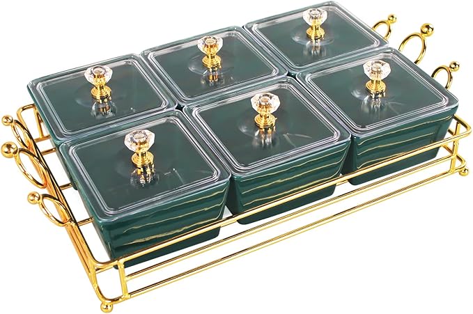 YA JU Ceramic Bowls and with Lid Gold Basket Trays, 6 Removable Small Bowls Condiment Trays Nut Serving Set for Snacks, Fruits, Candy and Condiments - Great for Parties, Holiday Gifts, Green