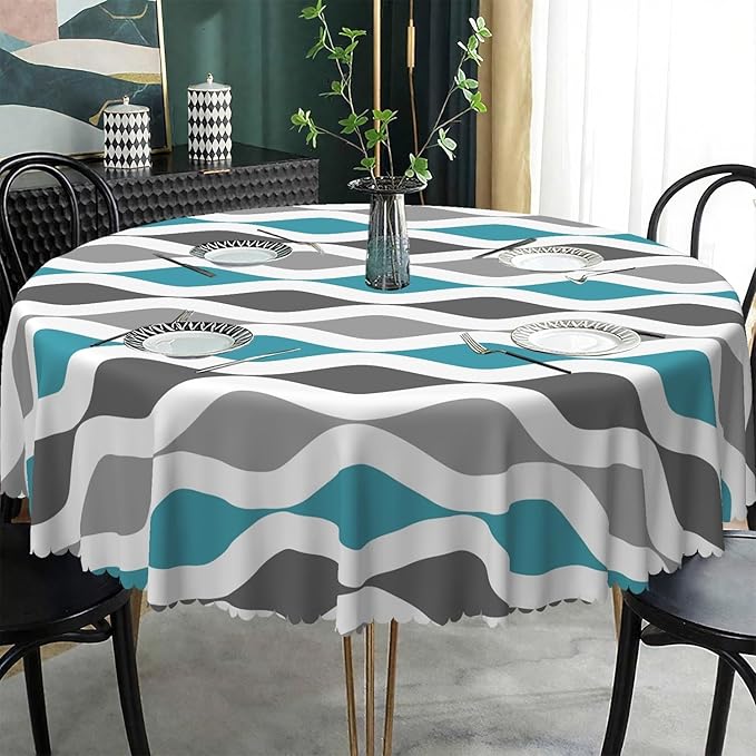 Laeacco 54 Inch Geometric Round Tablecloth Blue and Grey Waved Stripes Modern Abstract Art Print Table Cloth Washable Waterproof Wrinkle Free Table Cover for Kitchen Dining Picnic Party Decoration