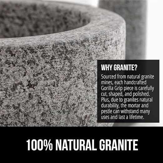 GORILLA GRIP Heavy Duty Mortar and Pestle Set with Slip Resistant Base, 2 Cup, 100% Granite Stone Molcajete Guacamole Bowl, Grind Seeds, Spices, Crush Garlic, Kitchen Muddler for Fresh Herbs, Gray
