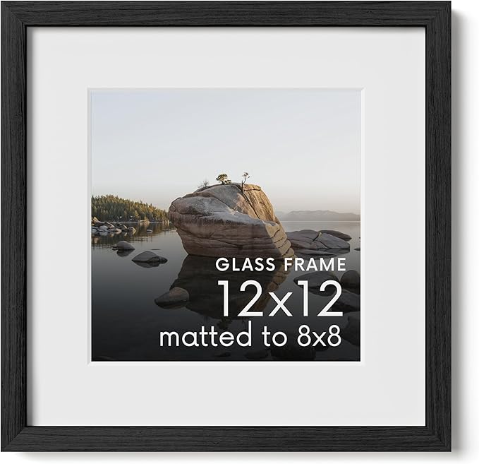 Haus and Hues 12x12 Picture Frame with Real Glass and Black American Oak Matted to 8x8 - Oak 12x12 Frame With Mat - Includes Vertical & Horizontal Hang - Ideal for Home, Room, Office (12x12 in, Black)