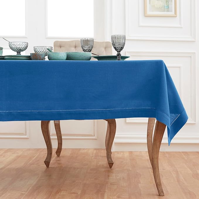 Solino Home Linen Tablecloth 60 x 120 Inch - Classic Hemstitch 100% Pure Linen Indigo Blue Table Cloth for Rectangle Tables - Machine Washable Tablecloth for Winter, Spring, Easter