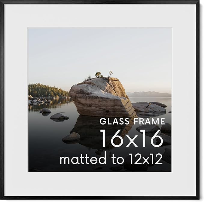 HAUS AND HUES 16x16 Picture Frame with Real Glass & Black Premium-Grade Metal Matted to 12x12 - Aluminum Glass Picture Frame - Includes Hanging Kit - Ideal for Home, Office (16x16 in, Black)