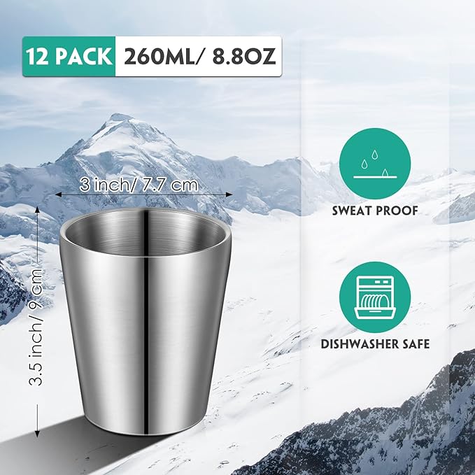 Amyhill 12 Pieces Stainless Steel Cups Double Wall Tumbler Glasses Stackable Metal Drinking Cups Insulated Drinking Glasses Reusable Camping Mugs for Home Camping RV BBQ Office Party(Silver,8.8 oz)