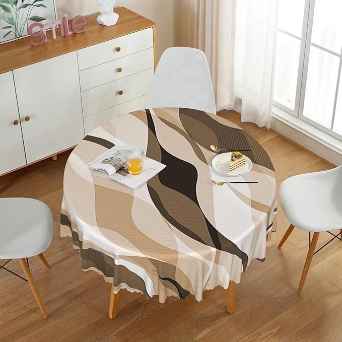Laeacco 60 Inch Brown Modern Round Tablecloth Striped Geometric Abstract Art Print Table Cloth Washable Waterproof Wrinkle Free Table Cover for Kitchen Dining Picnic Party Decoration
