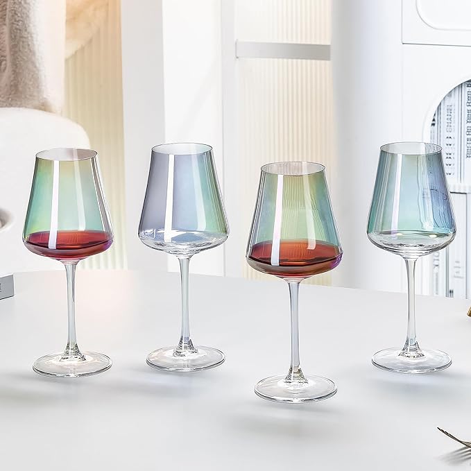PTSTING Wine Glasses Set of 4 Iridescent Wine Glass 14oz Rainbow Glassware for Tasting,Wedding,Anniversary,Christmas, Birthday