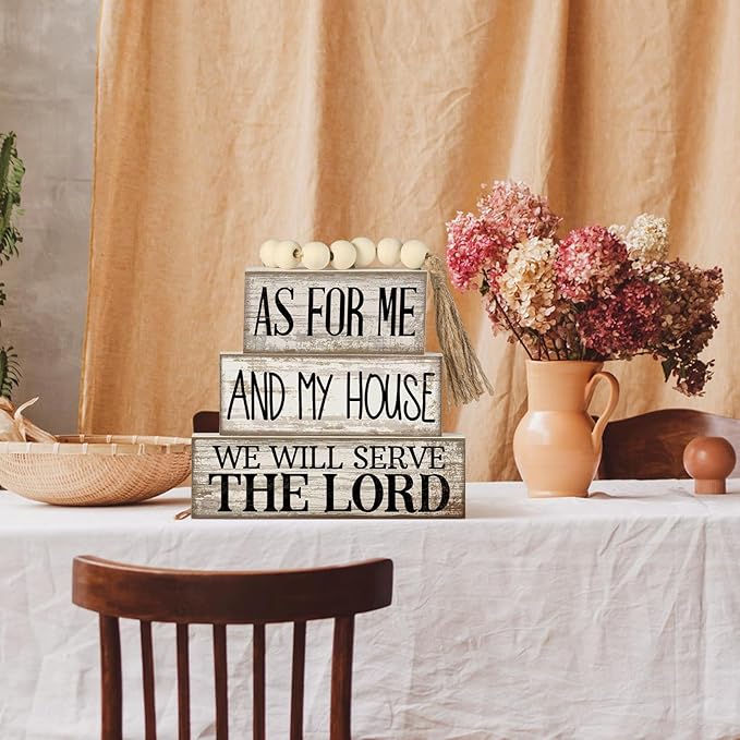 4 Pcs Farmhouse Bible Verse Decor Farmhouse Tiered Tray Decor Rustic Retro Wood Bead Garlands for Me and My House We Will Serve the Lord Block Christian Jesus Sign for Home Shelf Mantel