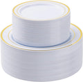 BESTSTAR 100PCS White Plastic Plates Set with Gold Rim, 50 10.25 inch Heavy Duty Dinner Plate and 50 7.5 inch Dessert Appetizer Plates, Premium Disposable Plates for Party, Wedding, Birthday
