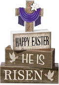 4 Pcs Easter Decorations He Is Risen Wooden Sign Christian Table Centerpiece Religious Cross Tiered Tray Decor Decorative Faux Book Stack Block for Table Fireplace Mantel Floating Shelf
