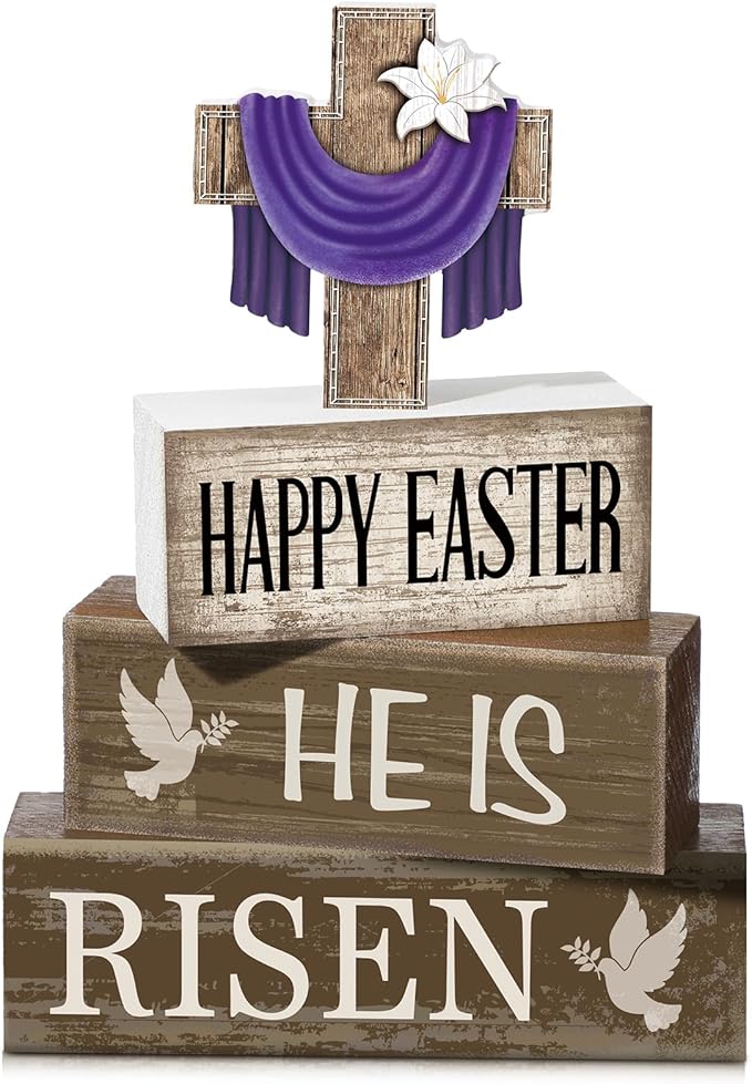 4 Pcs Easter Decorations He Is Risen Wooden Sign Christian Table Centerpiece Religious Cross Tiered Tray Decor Decorative Faux Book Stack Block for Table Fireplace Mantel Floating Shelf
