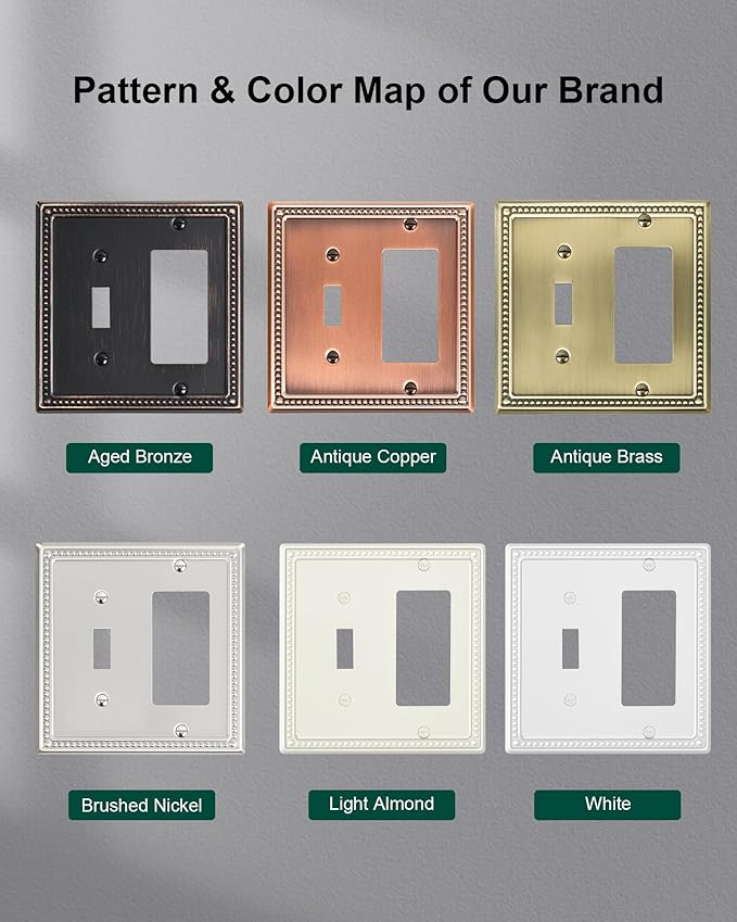 2-Pack Combo Toggle/Decorator Light Switch Cover Plate, Pearls Decorative Metal Wall Switch Plates and Outlet Covers, Brushed Nickel
