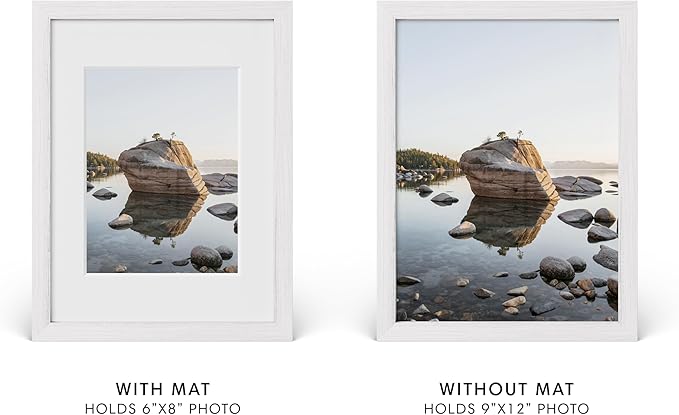 HAUS AND HUES 9x12 Picture Frame with Real Glass and White American Oak Matted to 6x8 - Oak 9x12 White Frame - Includes Vertical & Horizontal Hang - Ideal for Home, Room, Office (9x12 in, White)