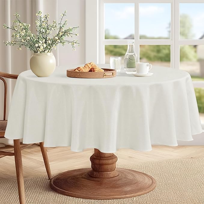 JIUZHEN Round Table Cloth Faux Linen Farmhouse Tablecloth Wrinkle and Stain Resistant Decorative Fabric Table Cover for Kitchen, Dining Room, Parties and Camping, White, 108 Inch Round