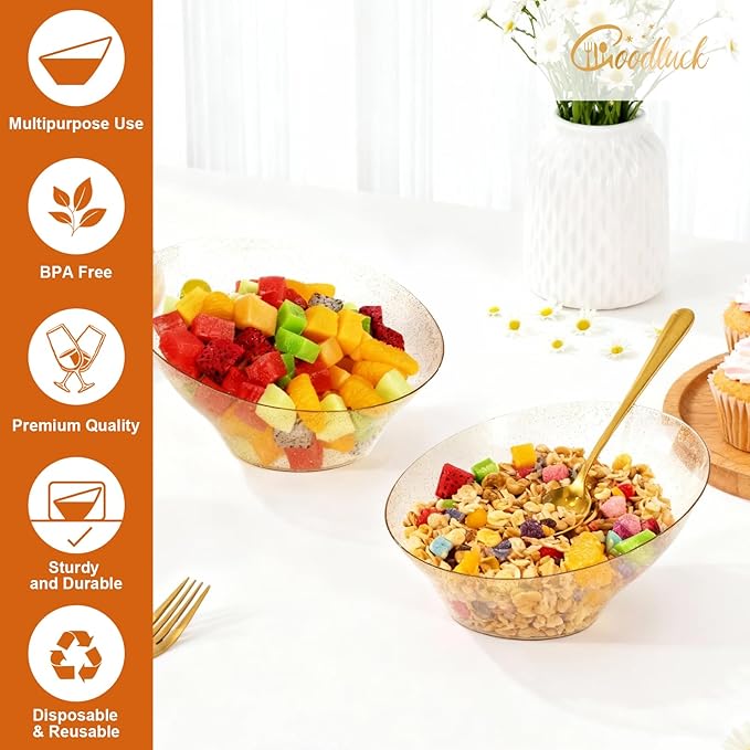 Goodluck 12 Pack Gold Glitter Plastic Serving Bowls for Party - 20 OZ Angled Disposable Serving Bowls for Wedding Party Chip, Candy, Salad & Fruit