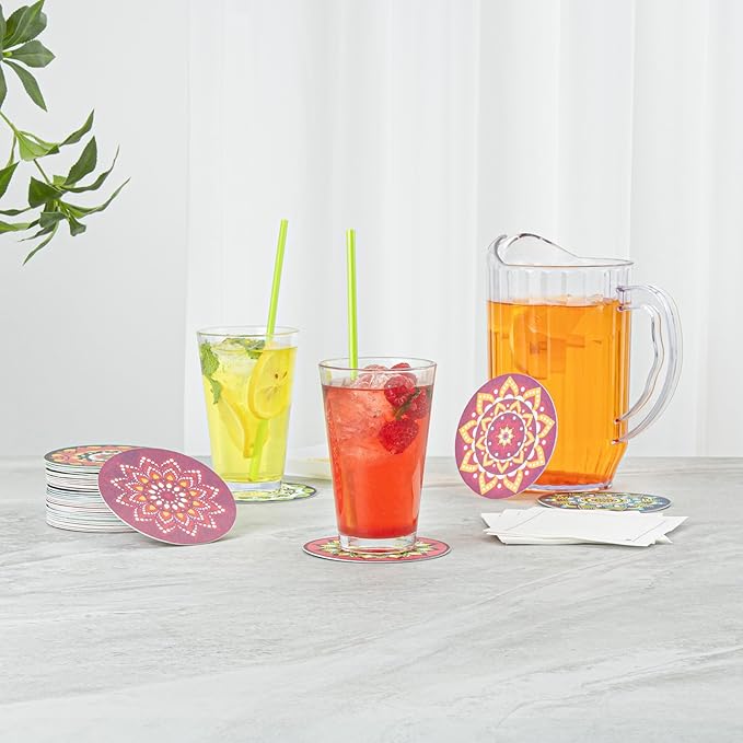 Restaurantware Super Absorbent Coasters 48 Case 4 Inch Assorted Paper Bar Coasters High-Density Pulpboard Beverage Coasters Moisture-Absorbing Durable Drink Coasters - Assorted Designs
