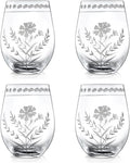 Joeyan Hand Blown Etched Stemless Wine Glasses,Carved Red and White Wine Tumbler with Floral Pattern,Clear Drinking Glass Cups,Glassware for Birthday Party Anniversary,19 oz,Set of 4,Dishwasher Safe