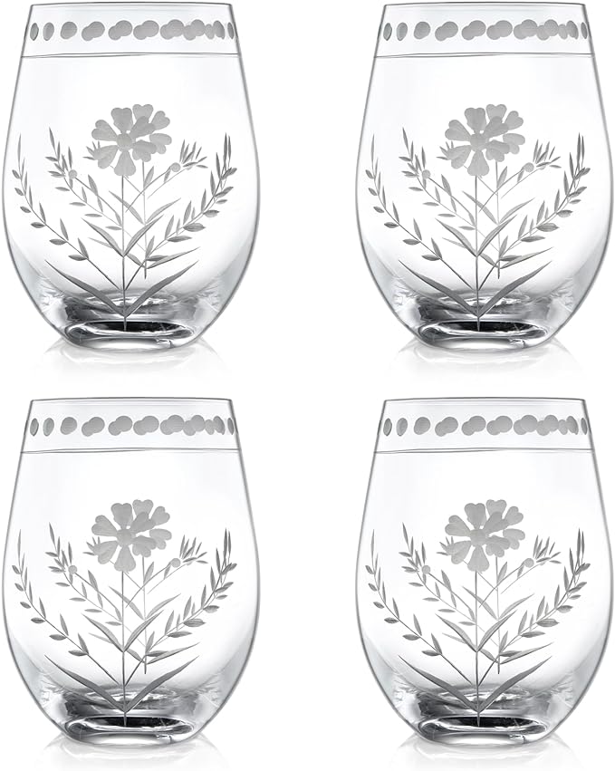 Joeyan Hand Blown Etched Stemless Wine Glasses,Carved Red and White Wine Tumbler with Floral Pattern,Clear Drinking Glass Cups,Glassware for Birthday Party Anniversary,19 oz,Set of 4,Dishwasher Safe