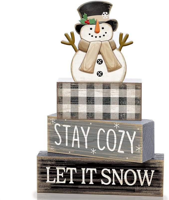 4 Pcs Winter Table Decorations Wooden Snowman Winter Tiered Tray Decor Rustic Block Signs Gift Farmhouse Christmas Centerpiece for Tables Party Kitchen Shelf Home