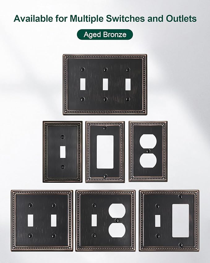 4-Pack Decorator Outlet Cover Plate, Decorative Switch Plates and Outlet Covers, Aged Bronze Metal Wall Plates for Electrical Outlets, Receptacle, GFCI Outlet, Dimmer Switch