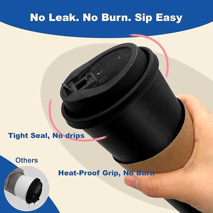 12 oz 500 Pack Coffee Cups with Lids and Sleeves, Straws, Hot Disposable To Go Travel Paper Cups Bulk for Office, Home Coffee Bar Accessories, Chocolate, Cocoa, Beverage (Black)
