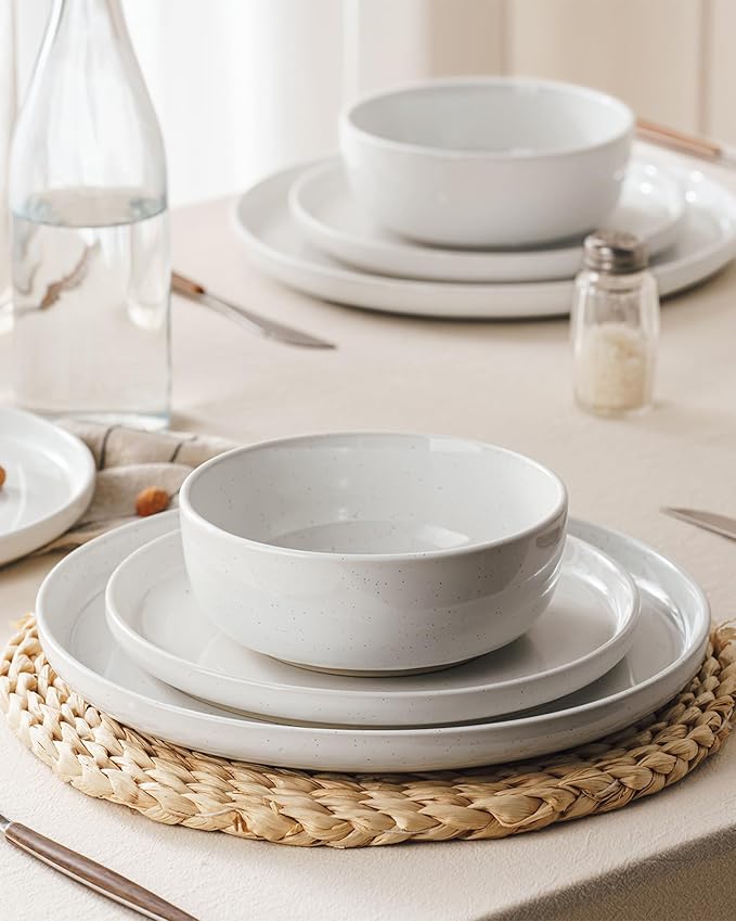 Famiware Milkyway Stoneware Dinnerware Sets with Pasta Bowls, Service for 6 (24 Pieces), Plates and Bowls Sets -Scratch Resistant, Microwave and Dishwasher Safe Dishes Set, White
