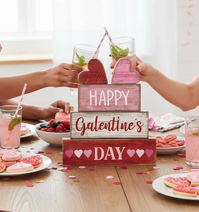 5 Pcs Happy Galentines Day Decorations Wooden Hearts Table Centerpiece Happy Galentines Day Party Table Sign for Valentines Tiered Tray Desk Mantle Shelf Decor
