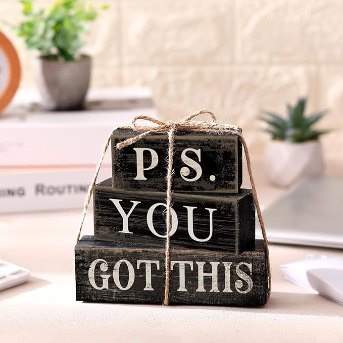 4 Pcs Farmhouse Motivational Wooden Tabletop Decor P. S. You Got This Inspirational Tiered Tray Decorations Rustic Gift Block Sign Centerpiece for Home Kitchen Shelf Office Desk Black Decor