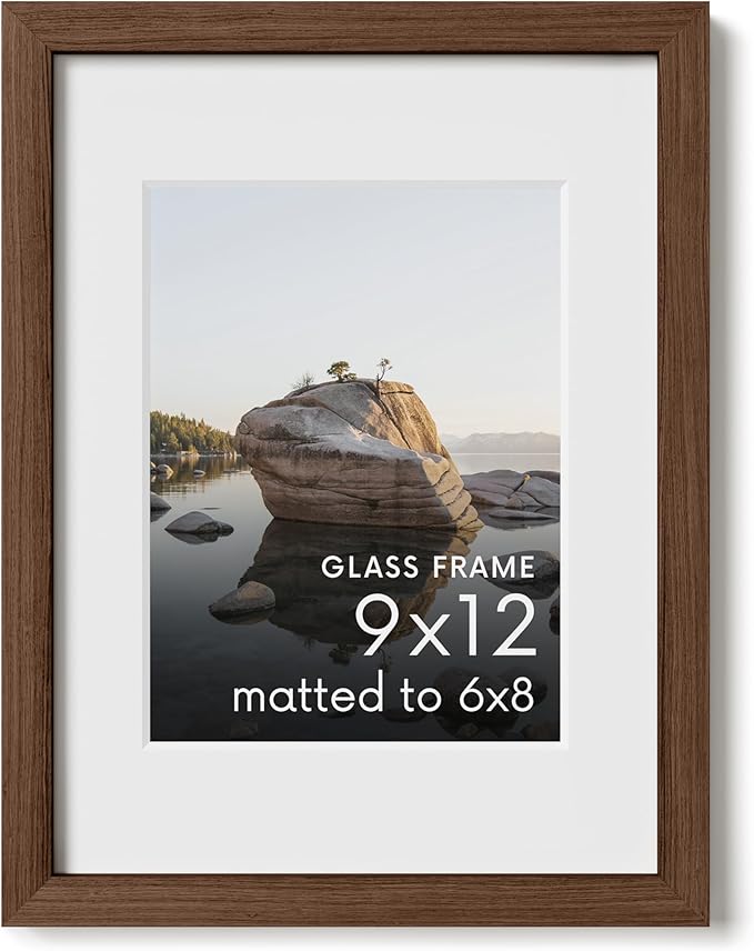 HAUS AND HUES 9x12 Picture Frame with Real Glass and Walnut American Oak Matted to 6x8 - Oak 9x12 Frame Wood - Includes Vertical & Horizontal Hang - Ideal for Home, Room, Office (9x12 in, Walnut)