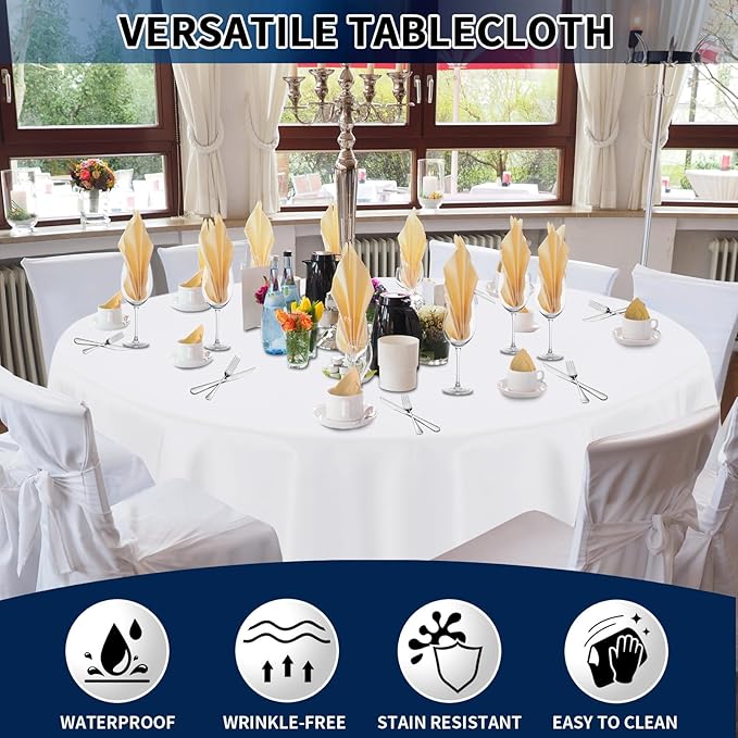 PureFit 10 Pack Round White Table Cloths 70 Inch for Round Tables, Stain and Wrinkle Resistant Table Linens for Home Use, Wedding, Party, Banquet and Camping