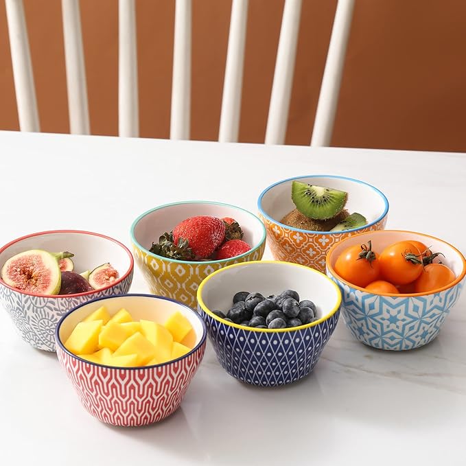 Selamica Ceramic 8oz Bouillon Cups 4 Inch Small Bowls, Dessert bowls for Soup Dipping Sauce Coffee Cupping, Microwave Dishwasher Safe, Set of 6, Assorted Colors