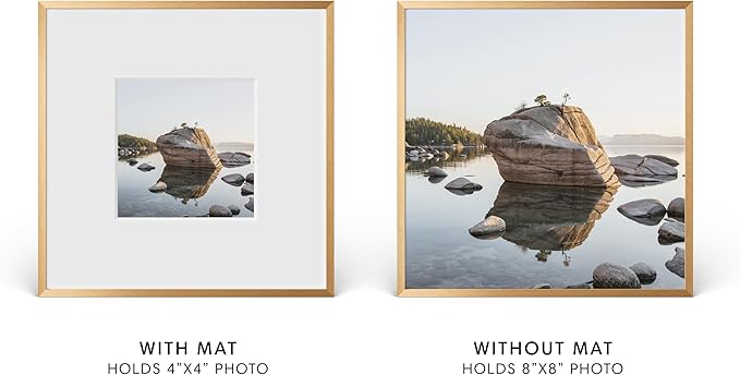 HAUS AND HUES 8x8 Picture Frame with Real Glass & Brass Premium-Grade Metal Matted to 4x4 - Aluminum 8x8 Picture Frame - Includes Easel Back, Hanging Kit - Ideal for Home, Office (8x8 in, Brass)