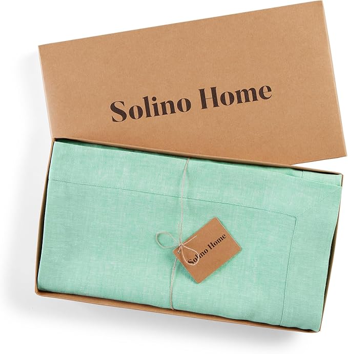 Solino Home Linen Tablecloth 60 x 108 Inch - 100% Pure Linen Chambray Aqua Table Cloth for Rectangle Tables - Athena, Machine Washable Tablecloth for Winter, Spring, Easter