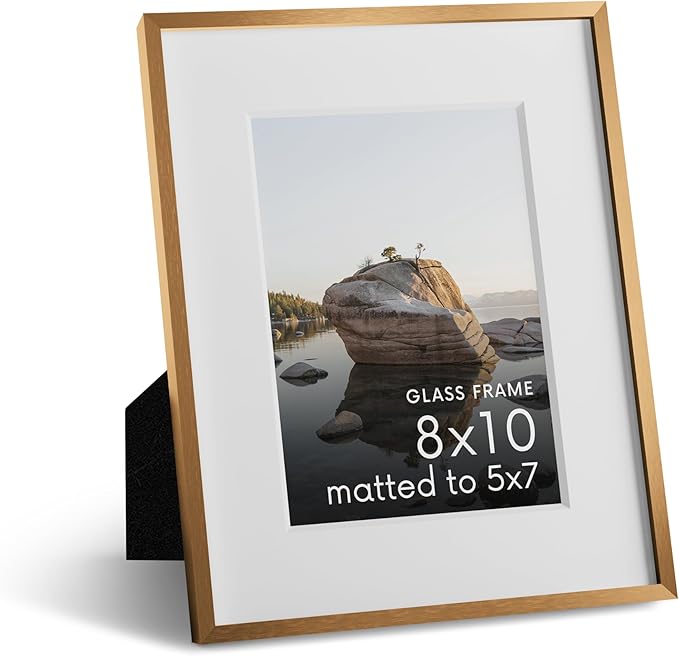 HAUS AND HUES 8x10 Picture Frame with Real Glass & Brass Premium-Grade Metal Matted to 5x7 - Aluminum 8x10 Frame - Includes Easel Back, Hanging Kit - Ideal for Home, Office (8x10 in, Brass)