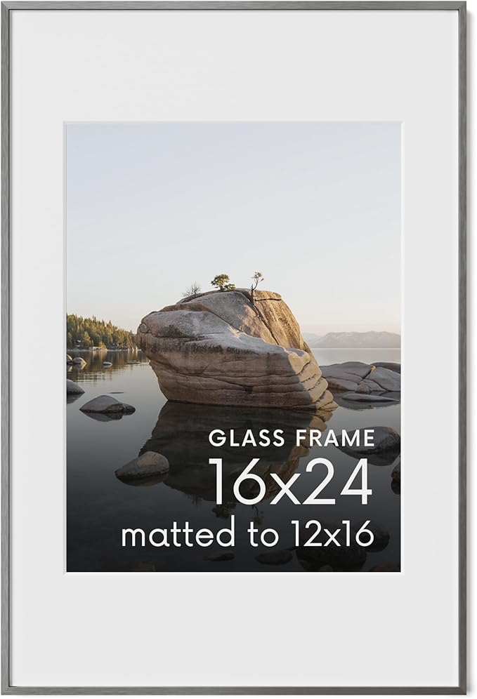 HAUS AND HUES 16x24 Picture Frame with Real Glass & Gray Premium-Grade Metal Matted to 12x16 - Aluminum 16x24 Matted Frame - Includes Hanging Kit - Ideal for Home, Office (16x24 in, Gray)