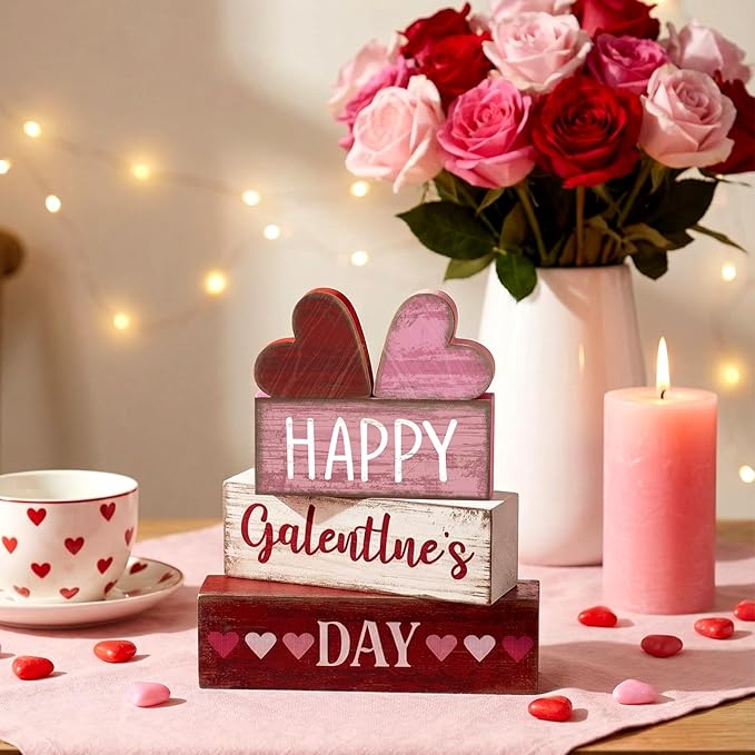 5 Pcs Happy Galentines Day Decorations Wooden Hearts Table Centerpiece Happy Galentines Day Party Table Sign for Valentines Tiered Tray Desk Mantle Shelf Decor