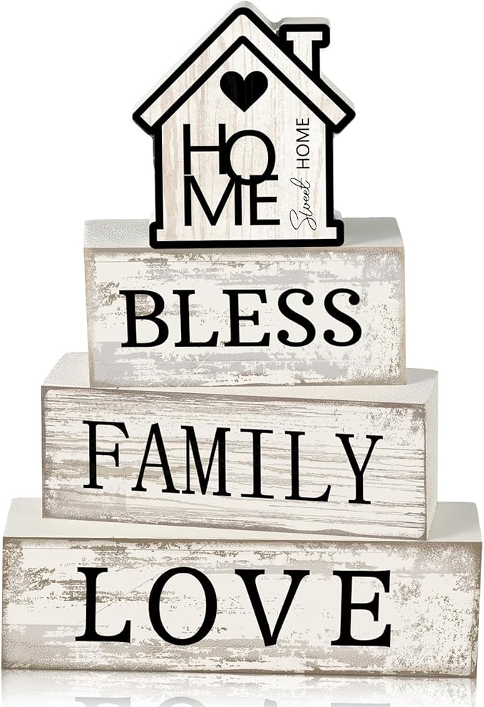4 Pcs Farmhouse Wooden Tabletop Decor Sweet Home Tiered Tray Decor Rustic Retro Wood Bless Family Love Block Sign Gift Neutral Centerpiece Farmhouse Table Sign for Home Shelf Mantle