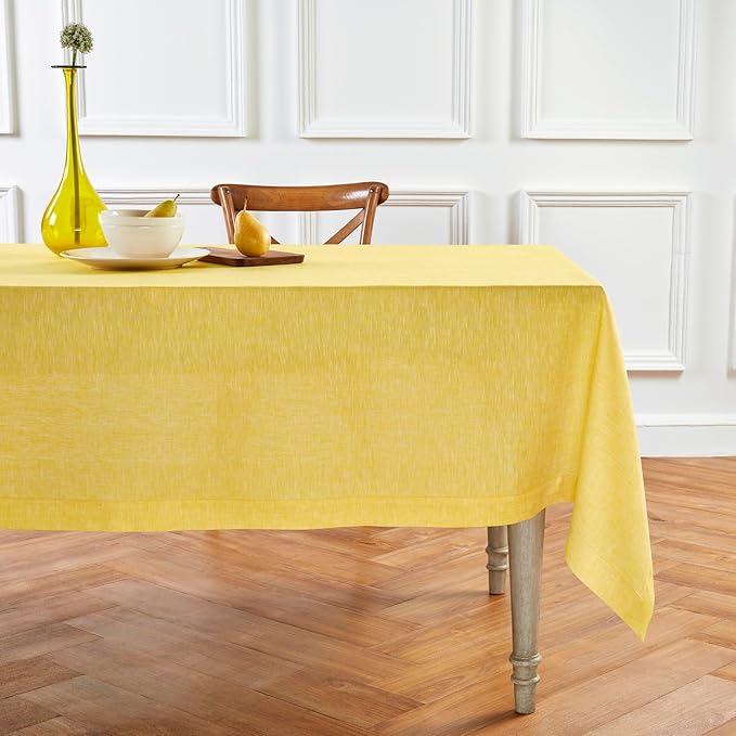 Solino Home Linen Tablecloth 60 x 132 Inch - 100% Pure Linen Chambray Lemon Yellow Table Cloth for Rectangle Tables - Athena, Machine Washable Tablecloth for Spring, Easter