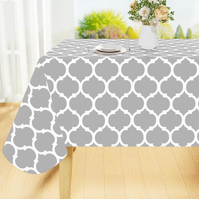 Smiry Rectangle Table Cloth, Waterproof Vinyl Tablecloth with Flannel Backing for Rectangle Tables, Wipeable Spillproof Plastic Tablecloths for Dining, Indoor and Outdoor (60"x102", Light Grey)