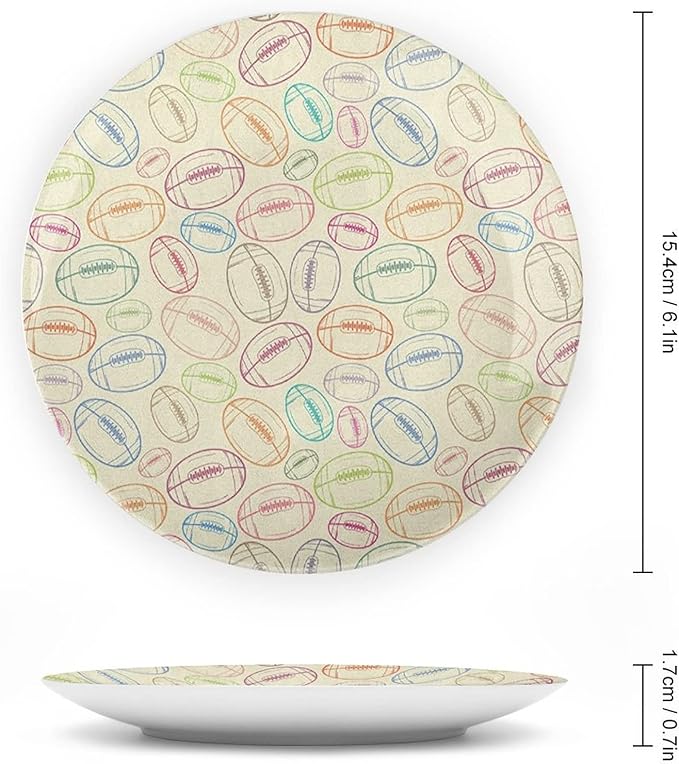 Decorative Plates, American Football Print Ornament, Grunge Looking Hand Drawn Sports Sketch, 10 Inch, 1 Plate with 1 Display Stand, Multicolor
