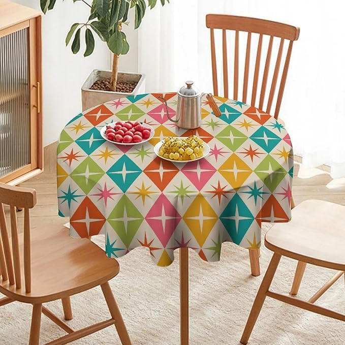 Abstract Geometric Round Tablecloth, Mid Century Retro Abstract Vintage Tablecloth for Home Party Dining Room Kitchen Decor 50Inch(127cm)