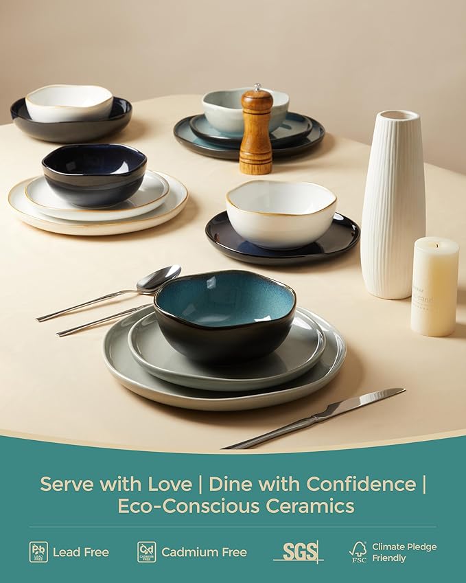 24 Pieces Dinnerware Set for 6 with Pasta Bowls, Complete Ceramic Dish Set, Stackable & Glossy Stoneware Plate and Bowl Set for Effortless Everyday Hosting, Green Black