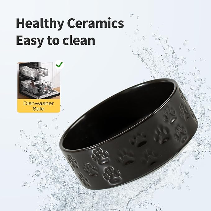 Ceramic Dog Bowl Set, 6.1" Dog Bowls with Anti-Slip Rings for Small Breed Dogs, 3.5 Cup Food and Water Bowls, Pet Dishes for Small-Sized Dogs, Microwave Safe (Double Bowls - Black, 6 inch)