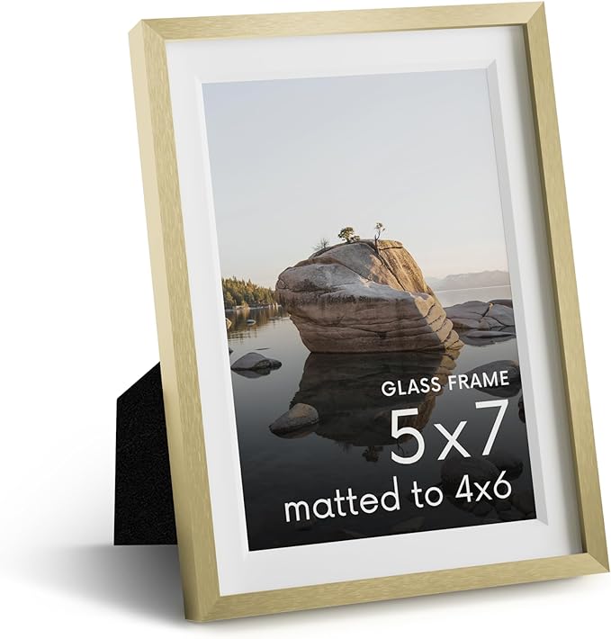 HAUS AND HUES 5x7 Picture Frame with Real Glass & Gold Premium-Grade Metal Matted to 4x6 - Aluminum 5x7 Picture Frame - Includes Easel Back, Hanging Kit - Ideal for Home, Office (5x7 in, Gold)